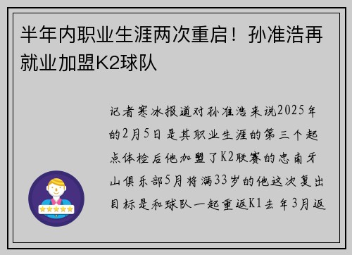 半年内职业生涯两次重启！孙准浩再就业加盟K2球队